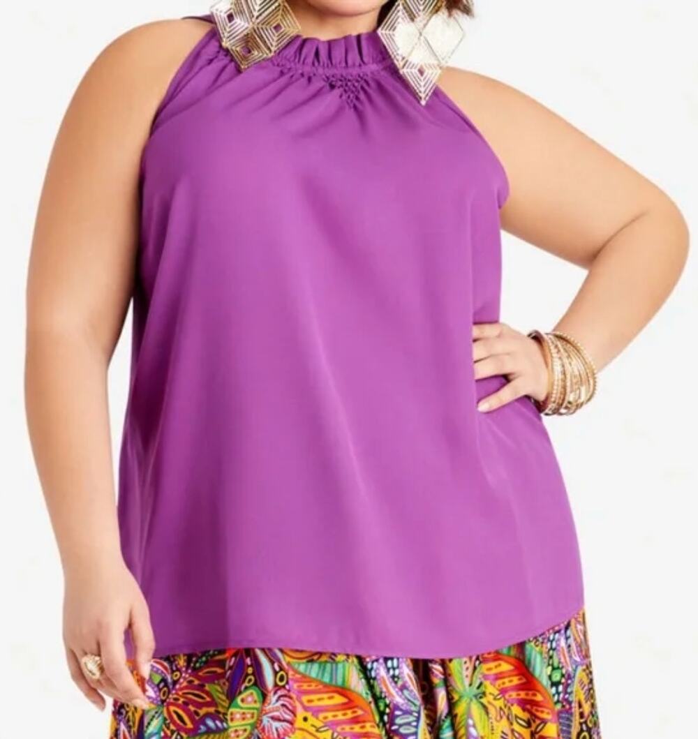 2/$15 NWT Ashley Stewart Smocked Neck Top Purple Magic 0X Plus Size 10/12
